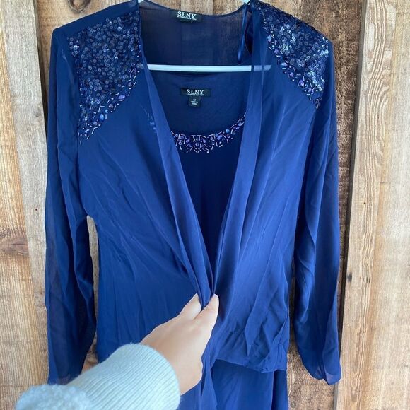 SLNY Beaded Detail Chiffon Tiered Scoop Neck Midi Dress Two Piece Set w/ Jacket - Picture 4 of 16